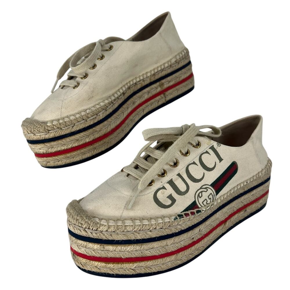 Gucci Cream Lace Up Canvas Logo Platform Espadrilles